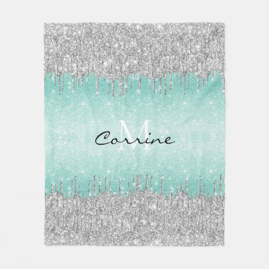 Monogram Aqua Blue Ombre Glitzer Silver Icing Trop Fleecedecke (Vorderseite)
