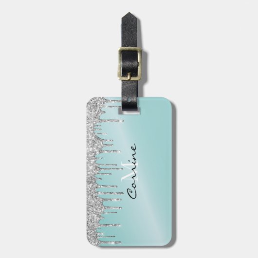 Monogram Aqua Blue + Silver Driving Glitzer Icing Gepäckanhänger (Vorderseite vertikal)