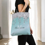 Monogram Aqua Blue   Silver Driving Glitzer Name Tasche<br><div class="desc">Custom monogram Imitate Platin silber Glitzer simuliert metallische Robins Ei-blaue Farbverlauf wiederverwendbar Tote Beutel leicht personalisieren durch Hinzufügen Ihres Namens und zuletzt für Instant Glam.</div>