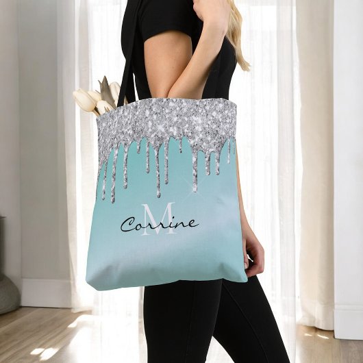 Monogram Aqua Blue + Silver Driving Glitzer Name Tasche