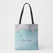 Monogram Aqua Blue + Silver Driving Glitzer Name Tasche (Vorderseite)