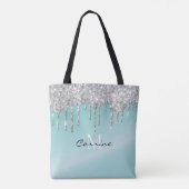 Monogram Aqua Blue + Silver Driving Glitzer Name Tasche (Rückseite)