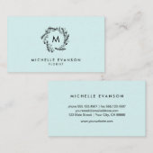 Monogram Aqua Blue und Black Floral Wreath Visitenkarte (Vorne/Hinten)
