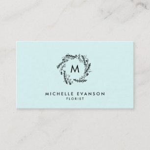 Monogram Aqua Blue und Black Floral Wreath Visitenkarte