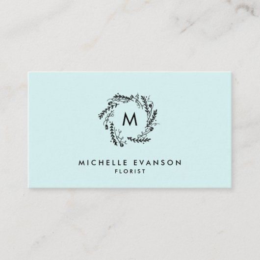Monogram Aqua Blue und Black Floral Wreath Visitenkarte (Vorderseite)