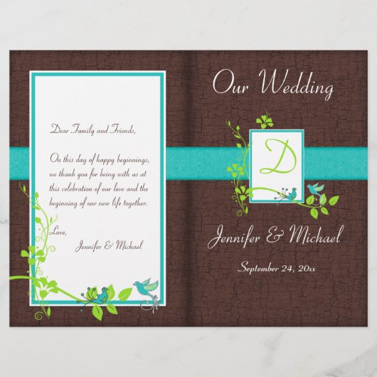Monogram Aqua Brown Green Floral Wedding Program (Vorderseite)