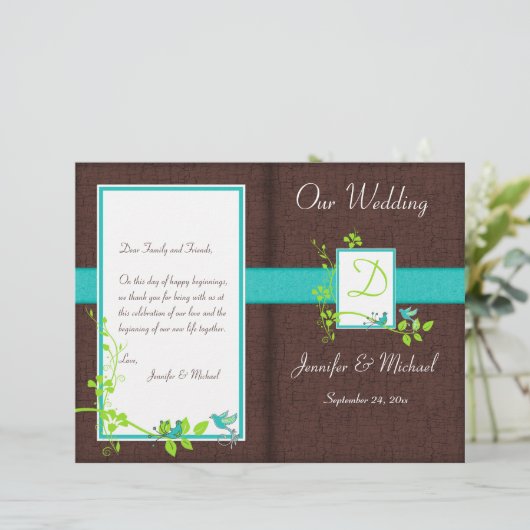Monogram Aqua Brown Green Floral Wedding Program (Stehend Vorderseite)