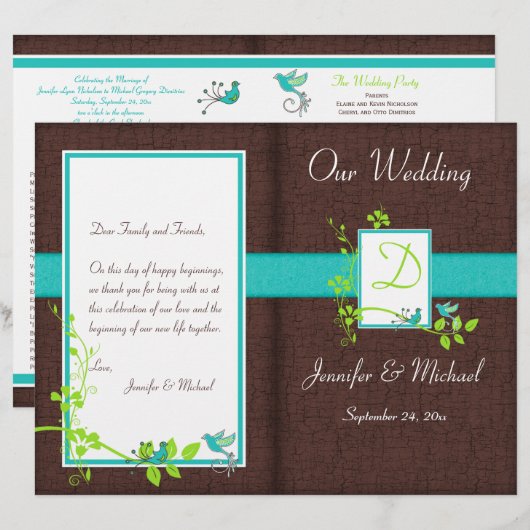 Monogram Aqua Brown Green Floral Wedding Program (Vorne/Hinten)