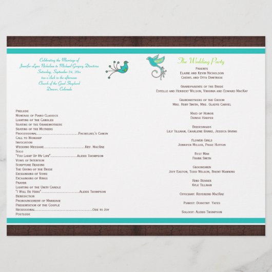 Monogram Aqua Brown Green Floral Wedding Program (Rückseite)