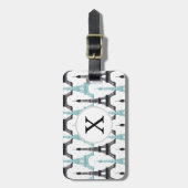 Monogram Aqua Chic Eiffel Tower Muster Gepäckanhänger (Vorderseite vertikal)