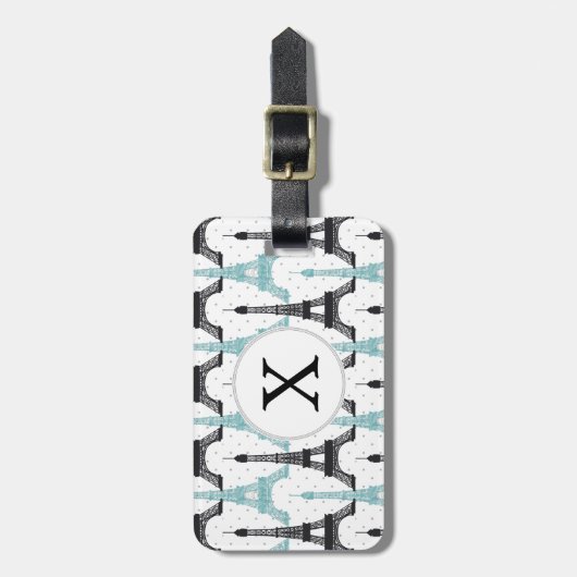 Monogram Aqua Chic Eiffel Tower Muster Gepäckanhänger (Vorderseite vertikal)