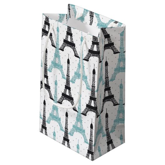 Monogram Aqua Chic Eiffel Tower Muster Kleine Geschenktüte (Rückseite Schrägansicht)