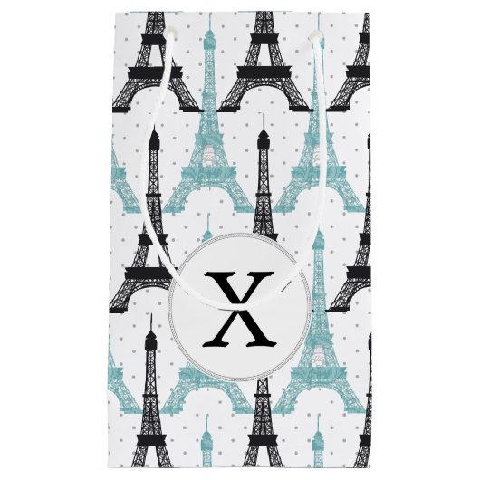 Monogram Aqua Chic Eiffel Tower Muster Kleine Geschenktüte (Vorderseite)