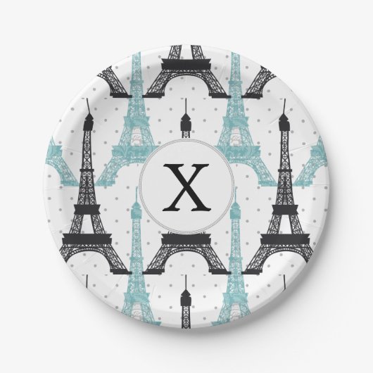 Monogram Aqua Chic Eiffel Tower Muster Pappteller (Vorderseite)