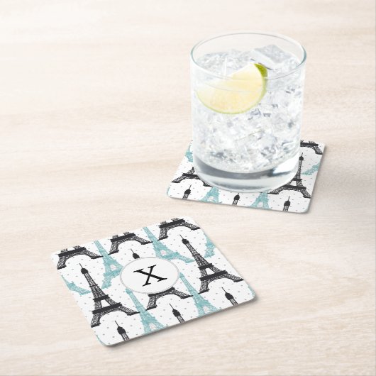 Monogram Aqua Chic Eiffel Tower Muster Rechteckiger Pappuntersetzer (Vor Ort)