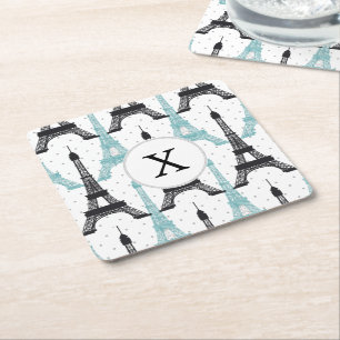 Monogram Aqua Chic Eiffel Tower Muster Rechteckiger Pappuntersetzer