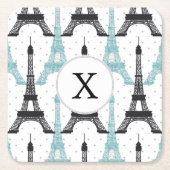 Monogram Aqua Chic Eiffel Tower Muster Rechteckiger Pappuntersetzer (Vorderseite)