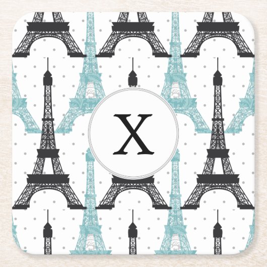 Monogram Aqua Chic Eiffel Tower Muster Rechteckiger Pappuntersetzer (Vorderseite)