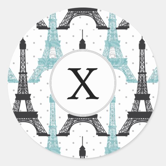 Monogram Aqua Chic Eiffel Tower Muster Runder Aufkleber (Vorderseite)