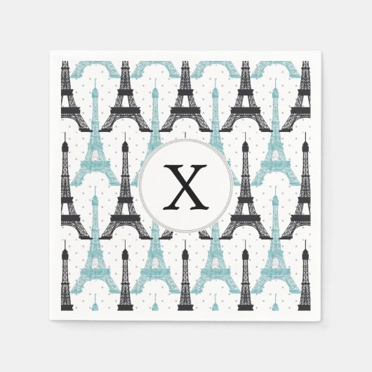 Monogram Aqua Chic Eiffel Tower Muster Serviette (Vorderseite)