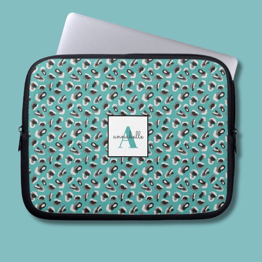 Monogram Aqua Leopard Animal Print Personalisiert Laptopschutzhülle