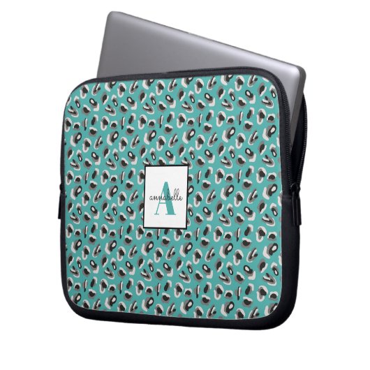 Monogram Aqua Leopard Animal Print Personalisiert Laptopschutzhülle (Vorderseite Links)