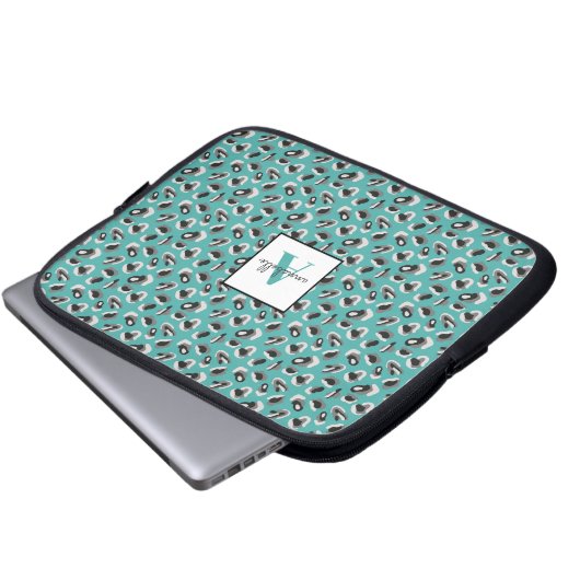 Monogram Aqua Leopard Animal Print Personalisiert Laptopschutzhülle (Vorne Knopf)