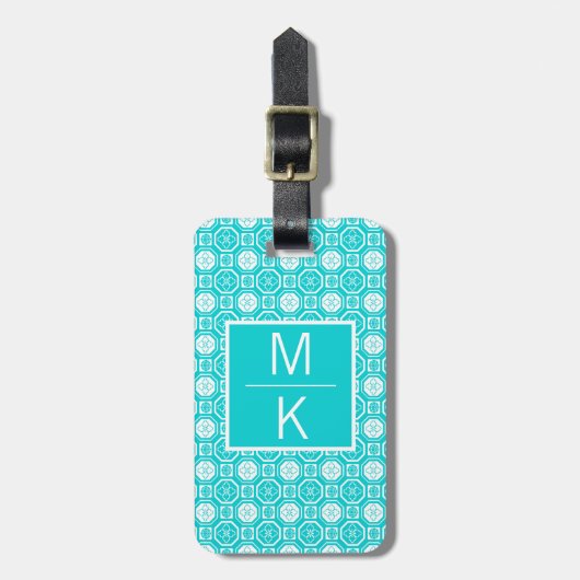 Monogram Aqua Tiled Blume Square Splitter Gepäckanhänger (Vorderseite vertikal)