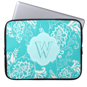 Monogram aquablau, teal dekorative Blumen Laptop Laptopschutzhülle