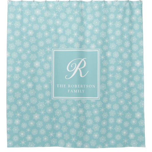 Monogram Aquamarin Aqua Blue Snowflakes Küste Duschvorhang (Vorderseite)