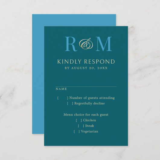 Monogram Aquamarin Aqua Turquoise Elegant Wedding RSVP Karte (Vorne/Hinten)