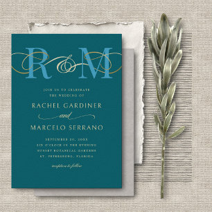 Monogram Aquamarin Aqua Turquoise QR Code Hochzeit Einladung