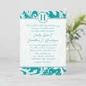 Monogram Aquamarin Aqua Vintag Damask Wedite Einla Einladung (Stehend Vorderseite)