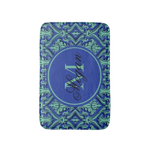 Monogram Aquamarin Blue Damask Embosstil Badematte (Vorderseite Vertikal)
