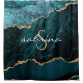 Monogram Aquamarin Blue Gold Agate Geode Duschvorhang (Vorderseite)