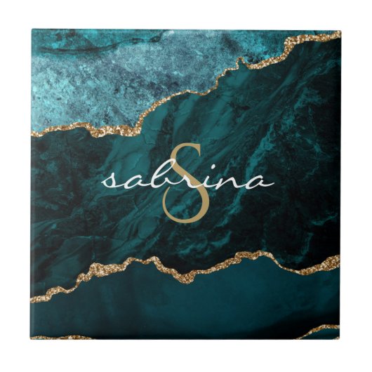 Monogram Aquamarin Blue Gold Agate Geode Fliese (Vorderseite)