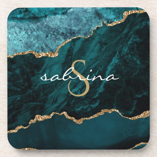 Monogram Aquamarin Blue Gold Agate Geode Getränkeuntersetzer (Vorderseite)