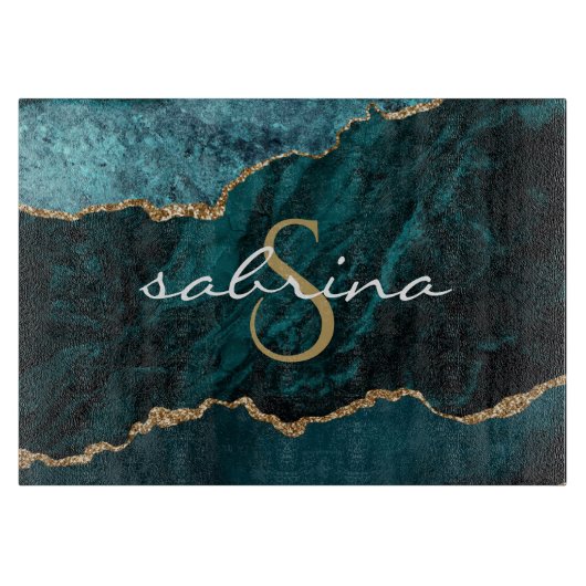 Monogram Aquamarin Blue Gold Agate Geode Schneidebrett (Vorderseite)