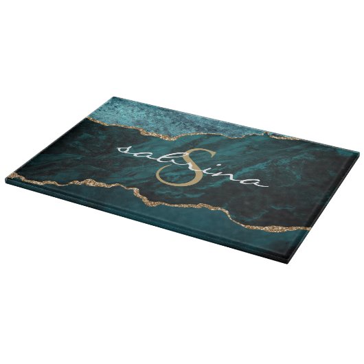 Monogram Aquamarin Blue Gold Agate Geode Schneidebrett (Ecke)