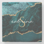 Monogram Aquamarin Blue Gold Agate Geode Steinuntersetzer (Vorderseite)