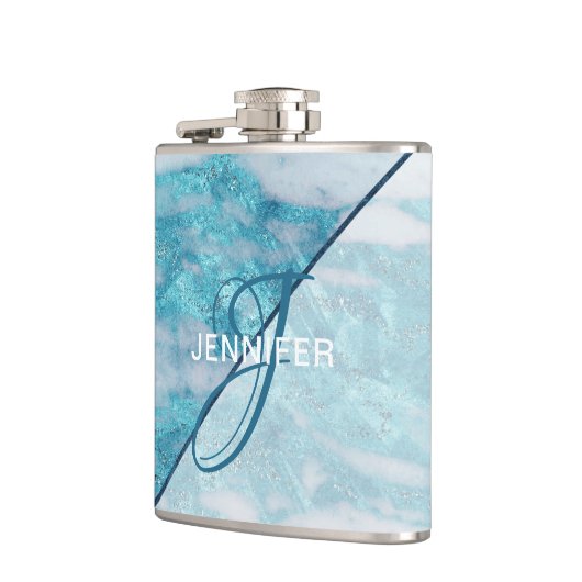 Monogram Aquamarin Blue Marble Geometric Bridesmai Flachmann (Links)