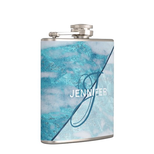 Monogram Aquamarin Blue Marble Geometric Bridesmai Flachmann (Rechts)