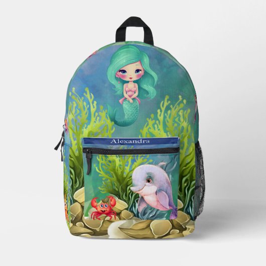 Monogram Aquamarin Blue Mermaid Dolphin Sea Theme Bedruckter Rucksack (Vorderseite)