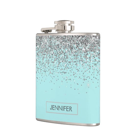 Monogram Aquamarin Blue Silver Glam Glitzer Name Flachmann (Links)