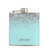 Monogram Aquamarin Blue Silver Glam Glitzer Name Flachmann (Vorderseite)