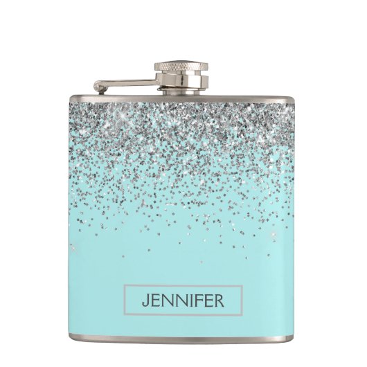 Monogram Aquamarin Blue Silver Glam Glitzer Name Flachmann (Vorderseite)