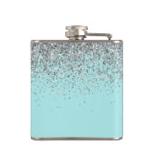 Monogram Aquamarin Blue Silver Glam Glitzer Name Flachmann (Rückseite)