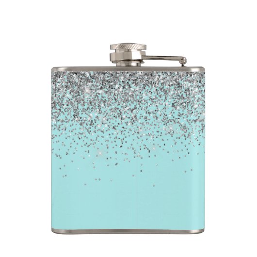 Monogram Aquamarin Blue Silver Glam Glitzer Name Flachmann (Rückseite)