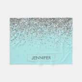 Monogram Aquamarin Blue Silver Glam Glitzer Name Fleecedecke (Vorderseite (Horizontal))