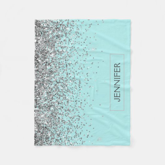 Monogram Aquamarin Blue Silver Glam Glitzer Name Fleecedecke (Vorderseite)